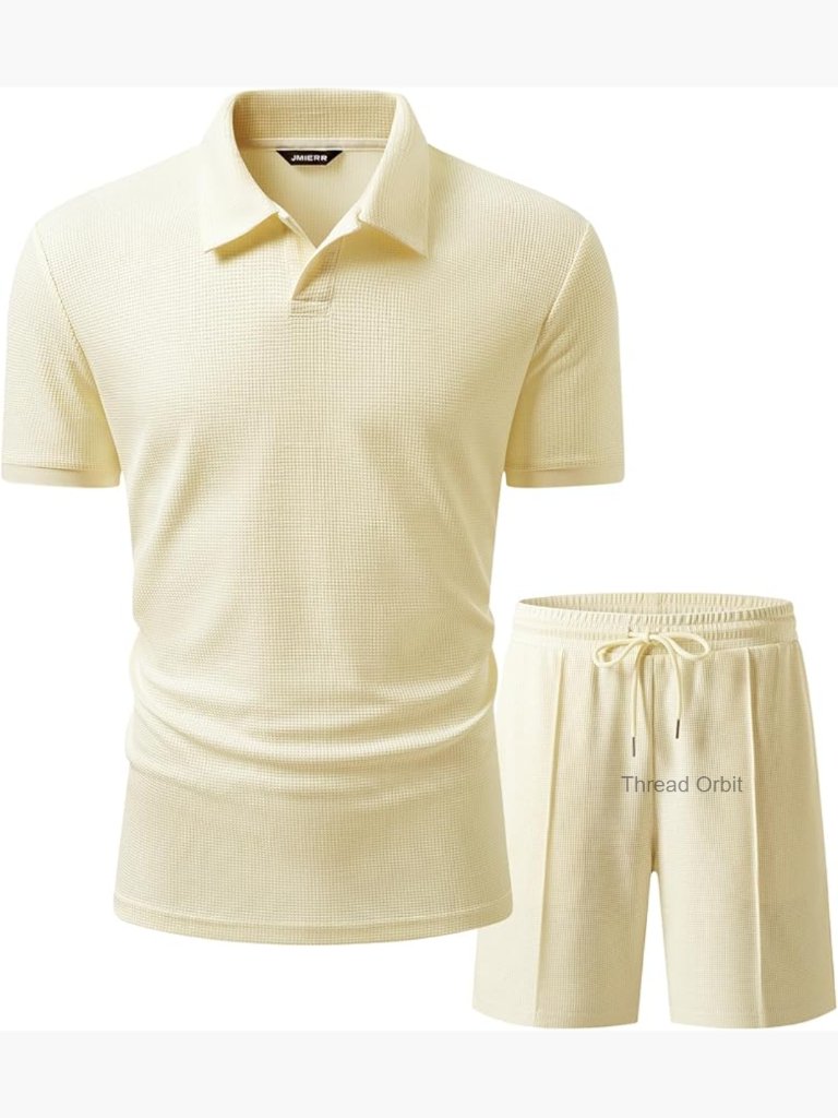 Men's Waffle Knit Two Piece Outfit Short Sleeve Polo Shirts And Shorts Set